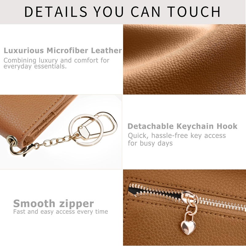 Sunpour Women Small Wallet RFID Blocking Slim Wallet with Coin Pocket Tri-Fold Credit Card Holder with ID Window and Keychain(Camel) - Image 4